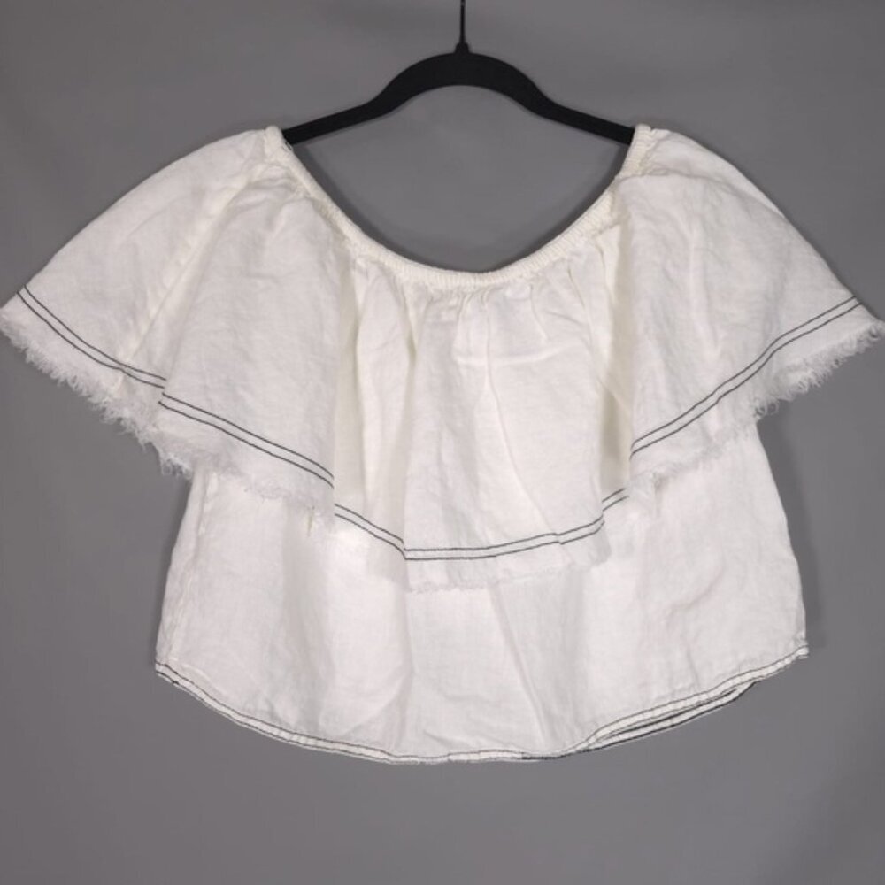 ZARA WOMAN 100% LINEN Top Ruffle Off Shoulder Crop PORTUGAL MADE Size SMALL